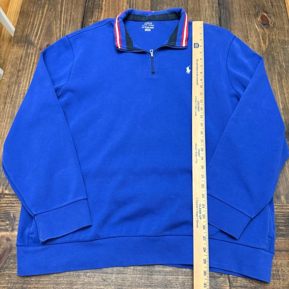 Polo Ralph Lauren Mens XXL‎ Royal Blue Quarter Zip Pullover Striped Collar Pony